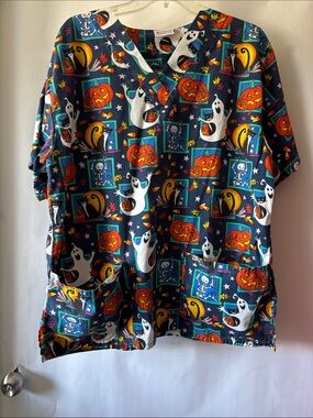 Halloween Print Short Sleeve Scrub Top - Navy Pumpkin & Ghost